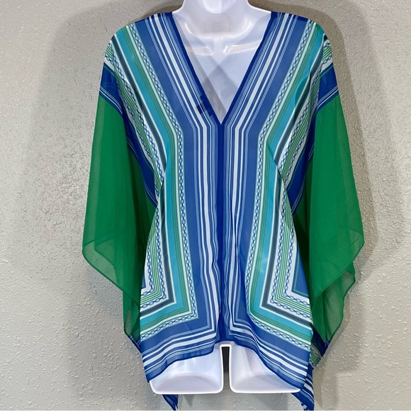 Ann Taylor Blue & Green Striped Poncho Caftan Top - Picture 3 of 7